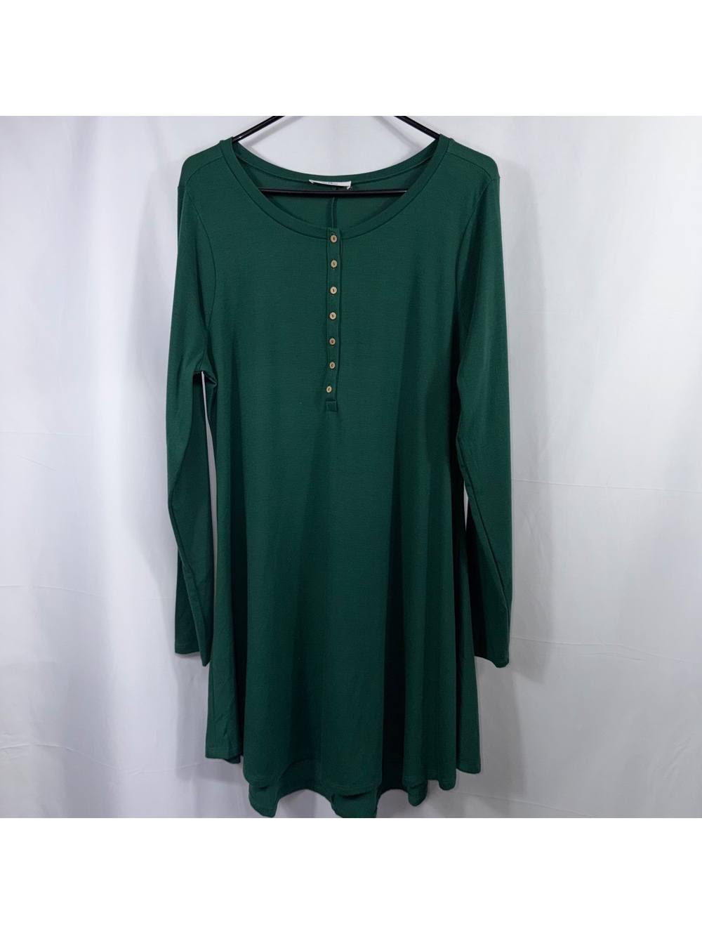 Zenana 1X Emerald Green Long Sleeve Henley Swing Dress Plus Size